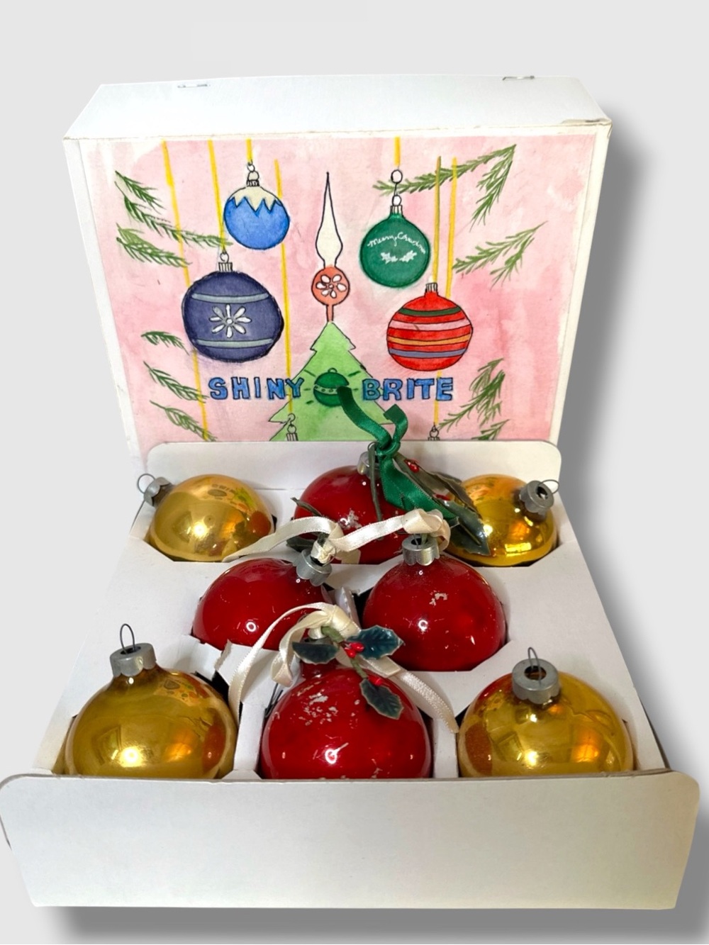 8 VINTAGE SHINY BRITE ORNAMENTS HAND PAINTED BOX